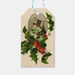 Etiqueta Para Presente Gatinho de Natal Vitoriano em Tabby Antigo com Aze