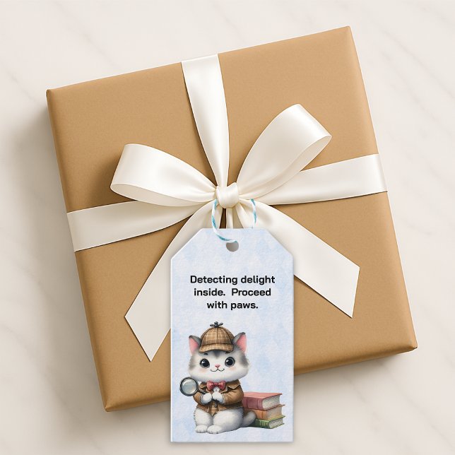 Etiqueta Para Presente Gatinho Detetive Bigodes Holmes (Whimsical detective cat with books and saying gift tag with to and from on backside of tag.)