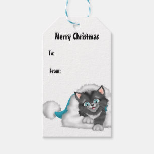 Etiqueta Para Presente Gatinho do Natal com chapéu azul