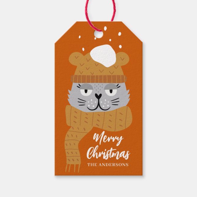Etiqueta Para Presente Gato Cinto Queimado Laranja Nome de Natal (Frente)