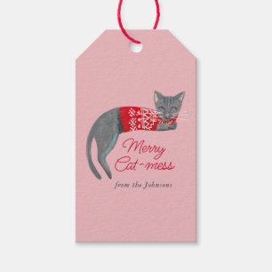 Etiqueta Para Presente Gato cinza Natal fofo Festa cor-de-rosa
