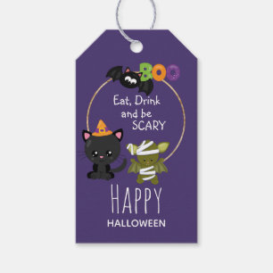 Etiqueta Para Presente Gato de Dia das Bruxas, Bat e Mamã Boo