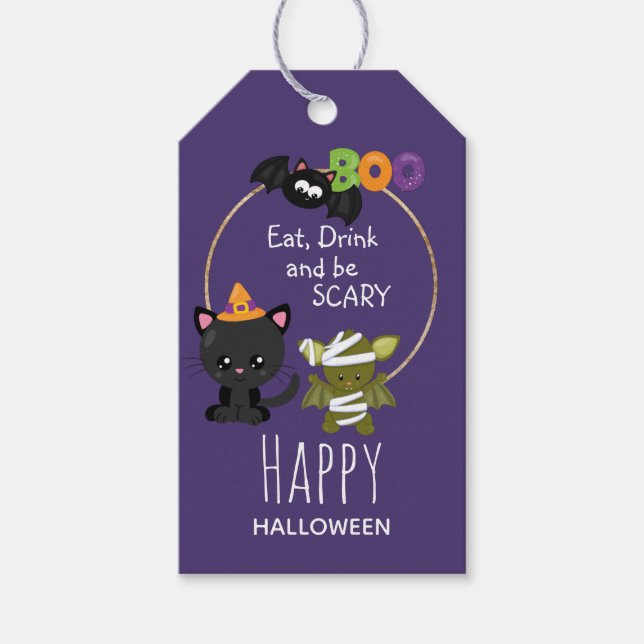 Etiqueta Para Presente Gato de Halloween, Bat e Mummy Boo (Frente)