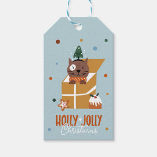 Etiqueta Para Presente Gato de Natal bonito em azul de caixa de presente