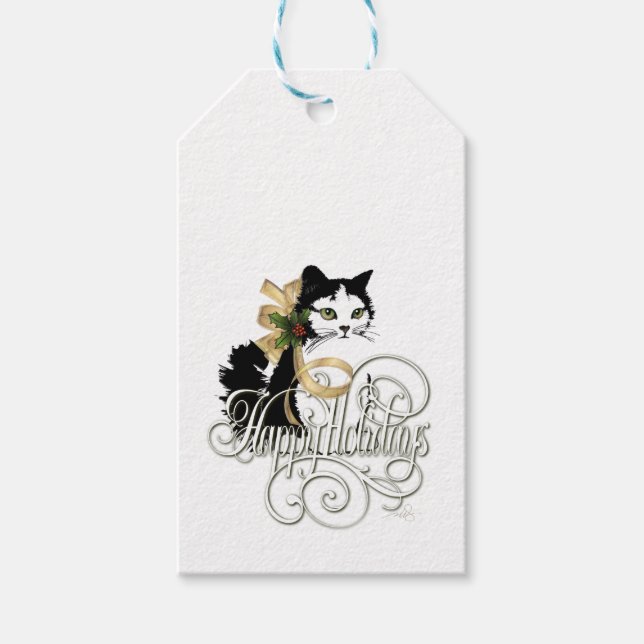 Etiqueta Para Presente Gato de Natal Negro e Branco (Frente)