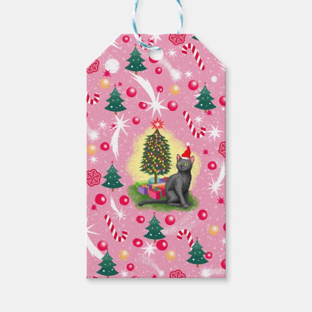 Etiqueta Para Presente Gato de Natal Rosa (Frente)