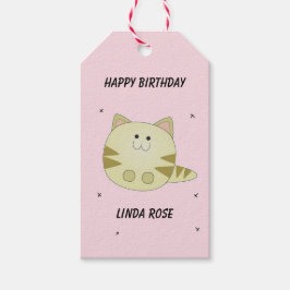 Etiqueta Para Presente Gato marrom fofo padrão rosa aniversário feliz