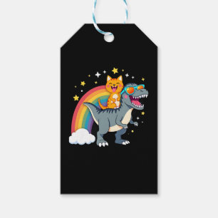 Etiqueta Para Presente Gato Montando Dinossauro T-Rex Gatinho Arco-Íris D