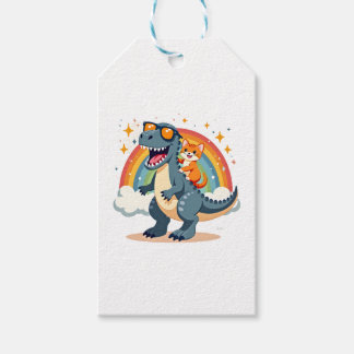 Etiqueta Para Presente Gato Montando Dinossauro T-Rex Gatinho Arco-Íris D