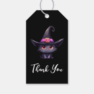 Etiqueta Para Presente Gato Negro bonito Vestindo chapéu de bruxa Obrigad