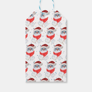 Etiqueta Para Presente Gato Prata e Branco de Natal com Chapéu de Papai N