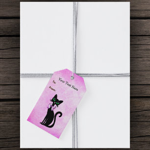 Etiqueta Para Presente Gato Preto Bonito e Elegante Olhos Verdes sobre Fu