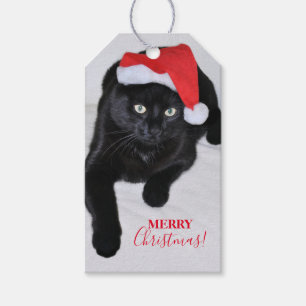 Etiqueta Para Presente Gato preto com o chapéu vermelho do papai noel