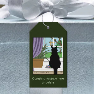 Etiqueta Para Presente Gato Preto Curioso Verde Humorístico Janela