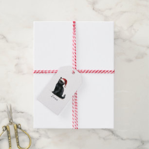 Etiqueta Para Presente Gato Preto de Aquarelas no Festivo Santa Hat Etiqu