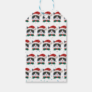 Etiqueta Para Presente Gato Preto e Branco Fofo Com Chapéu de Papai Noel