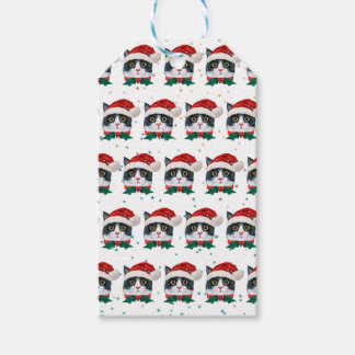 Etiqueta Para Presente Gato Preto e Branco Fofo Com Chapéu de Papai Noel