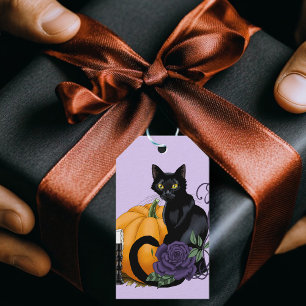 Etiqueta Para Presente Gato Preto Rosas Roxas Abóbora Outono