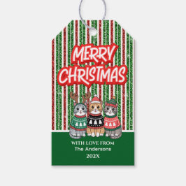Etiqueta Para Presente Gatos de Natal com Gato Vermelho e Verde