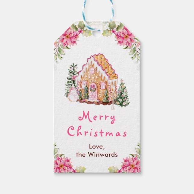 Etiqueta Para Presente Gingerbread House Pink Merry Christmas (Frente)
