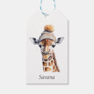 Etiqueta Para Presente Girafa vestindo chapéu de inverno personalizável