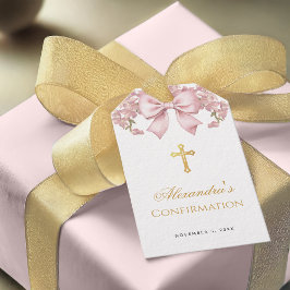Etiqueta Para Presente Girl Confirmation Pink Bow Faux Gold Cross Floral