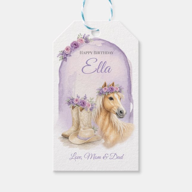 Etiqueta Para Presente Girls Purple Floral Horse Birthday (Frente)