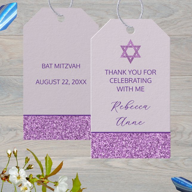 Etiqueta Para Presente Glam Purple Cuz Obrigado Bat Mitzvah Party (Add your own text to these purple glam Bat Mitzvah party favor tags)