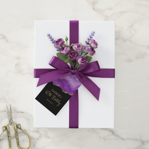 Etiqueta Para Presente Glitter Dourado Roxo Mármore Abstrato Aquarela