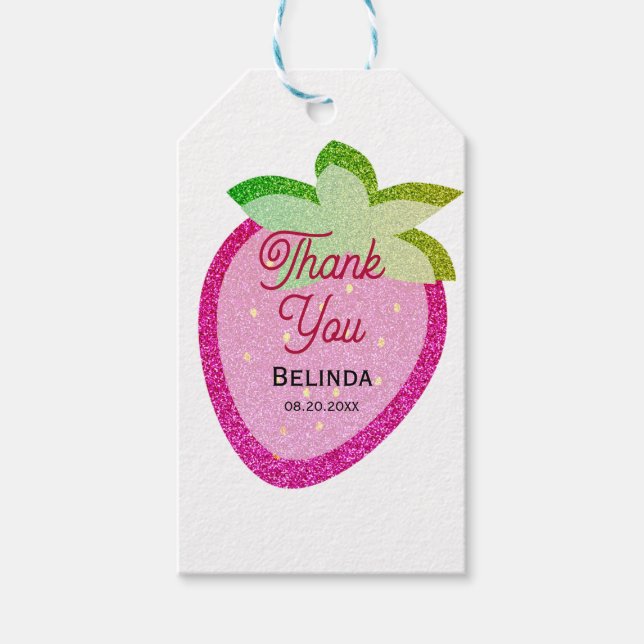 Etiqueta Para Presente Glitter Rosa Espumante Y2K Morango Obrigado (Frente)