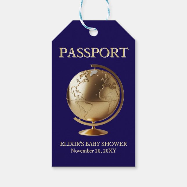 Etiqueta Para Presente Gold Globe Passport Travel Baby Shower (Frente)