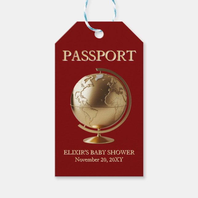 Etiqueta Para Presente Gold Globe Passport Travel Baby Shower (Frente)
