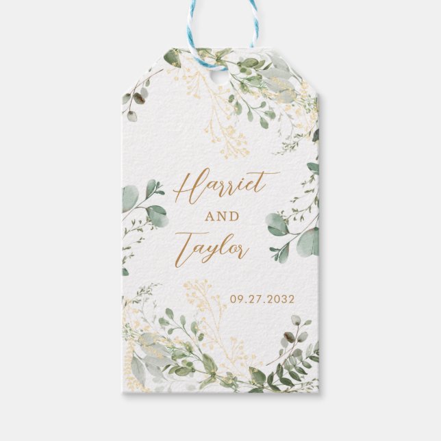 Etiqueta Para Presente Gold Greenery Eucalyptus Wedding Thank You (Frente)