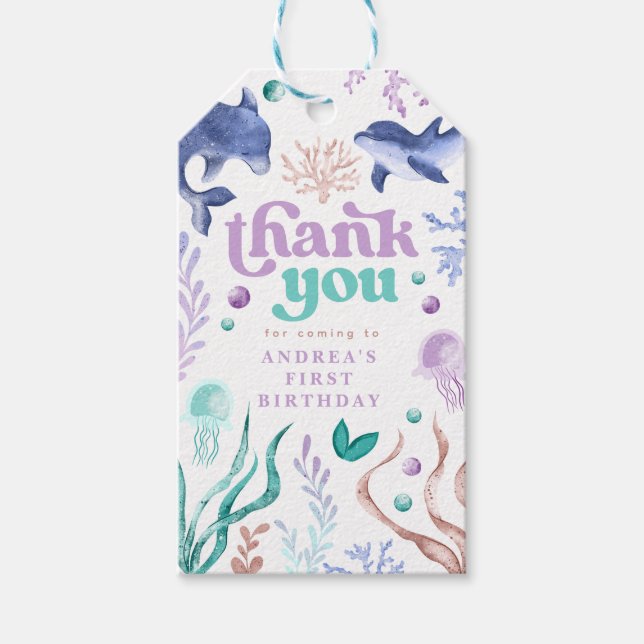 Etiqueta Para Presente Golfinho Moderno Sob O Mar Obrigado Aniversário (Frente)