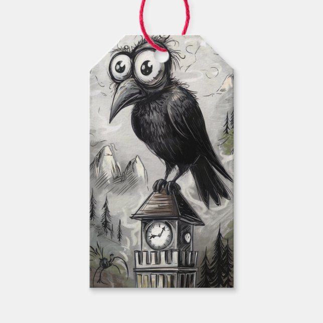 Etiqueta Para Presente Gótica Black Crow & Tower Spooky Halloween (Frente)