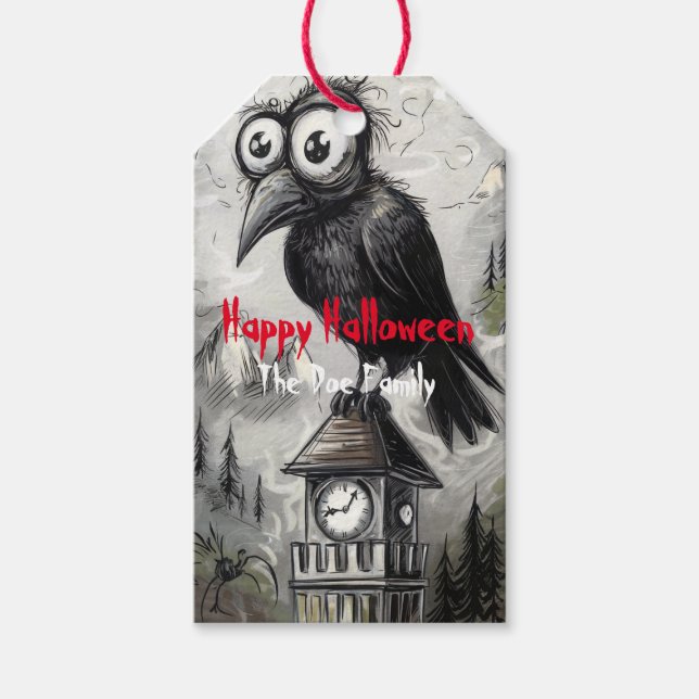 Etiqueta Para Presente Gótica Black Crow & Tower Spooky Halloween (Frente)