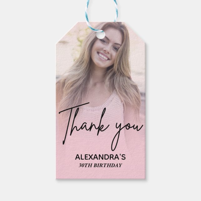 Etiqueta Para Presente Gradiente Rosa Chic Foto de Aniversário Obrigado (Frente)