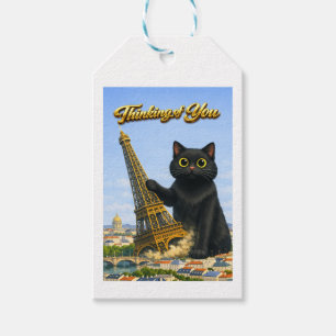 Etiqueta Para Presente Grande Gato Preto Derruba a Torre Eiffel Pensando
