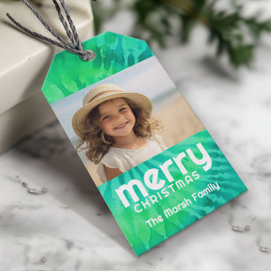 Etiqueta Para Presente Gravata-Dye Natal Retro Foto Azul Turquesa Vibraçã