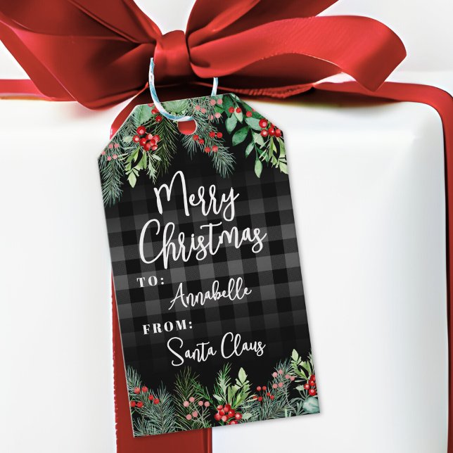 Etiqueta Para Presente Greenery Black Merry Christmas (Greenery Plaid Merry Christmas Gift Tags)