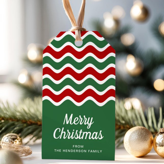 Etiqueta Para Presente Greve Vermelha Verde Feliz Natal (Green Red Stripes Merry Christmas Gift Tags)