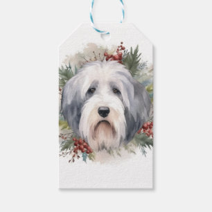 Etiqueta Para Presente Grinalda de Natal do Cão de Pastoreio Inglês Antig