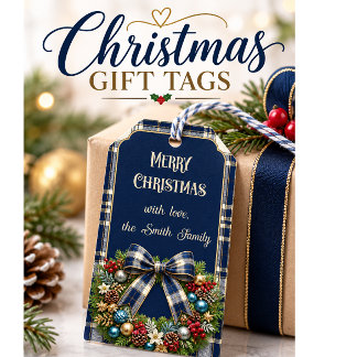 Etiqueta Para Presente Grinalda de Natal Elegante em Xadrez Azul Naval e 