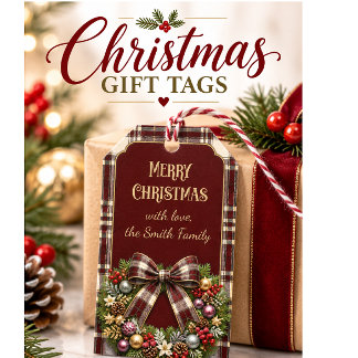 Etiqueta Para Presente Grinalda de Natal Elegante em Xadrez Burgundy e Do