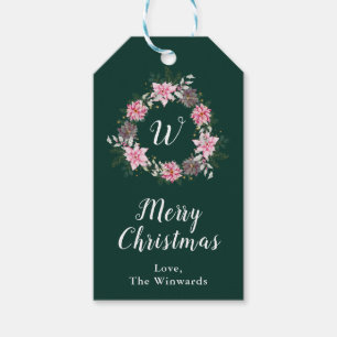 Etiqueta Para Presente Grinalda de Poinsettia Rosa Feliz Natal