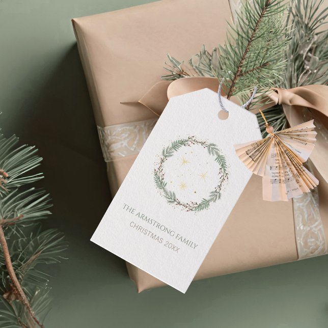 Etiqueta Para Presente Grinalda de Sabugueiro Profundo Estrelas Douradas  (Deep Sage Wreath Gold Stars Christmas Family Name Gift Tags ©Susanne Sachers - Sunny Mind 🌞)