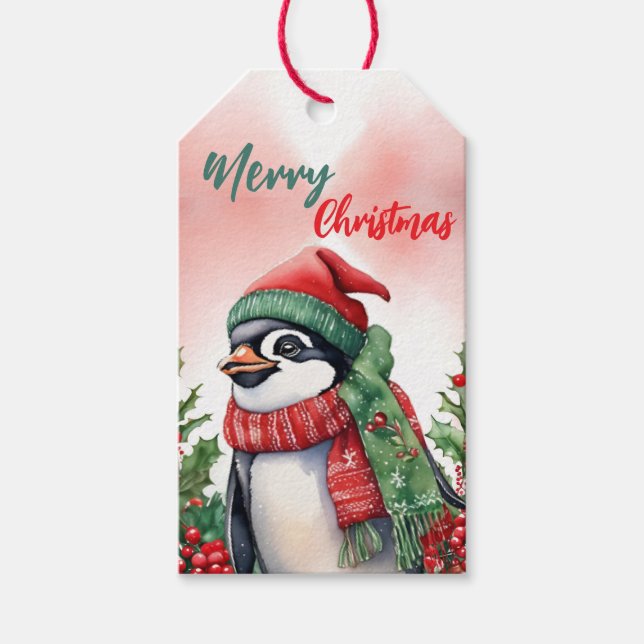 Etiqueta Para Presente Grinalda engraçada de Natal pinguim papai noel (Frente)