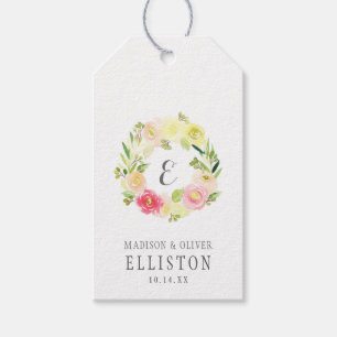 Etiqueta Para Presente Grinalda floral   da aguarela cor-de-rosa e