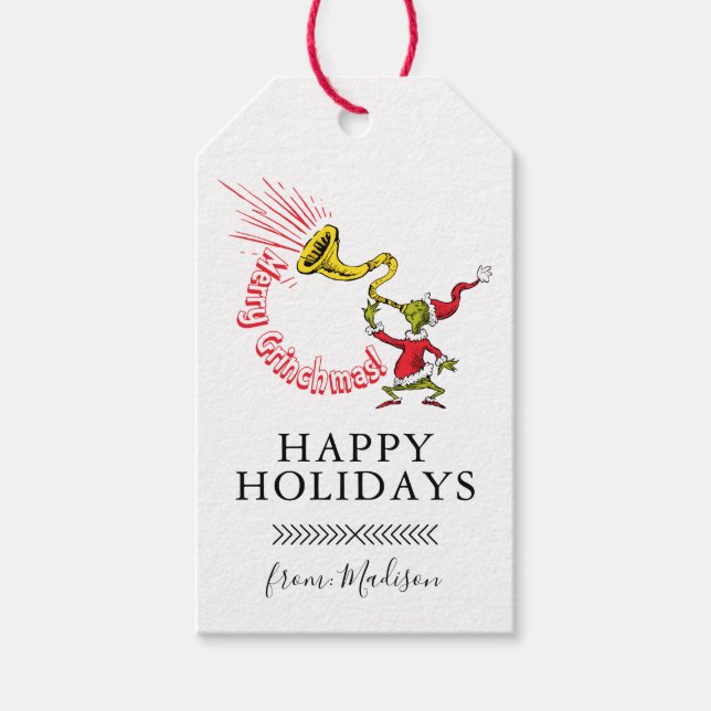 Etiqueta Para Presente Grinch Blowing the Merry Grinchmas Horn (Frente)