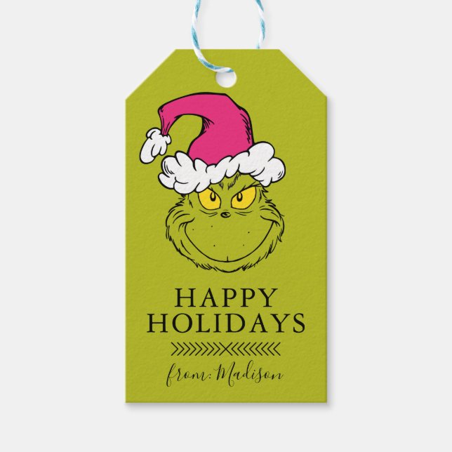 Etiqueta Para Presente Grinch com Chapéu de Papai Noel Rosa (Frente)